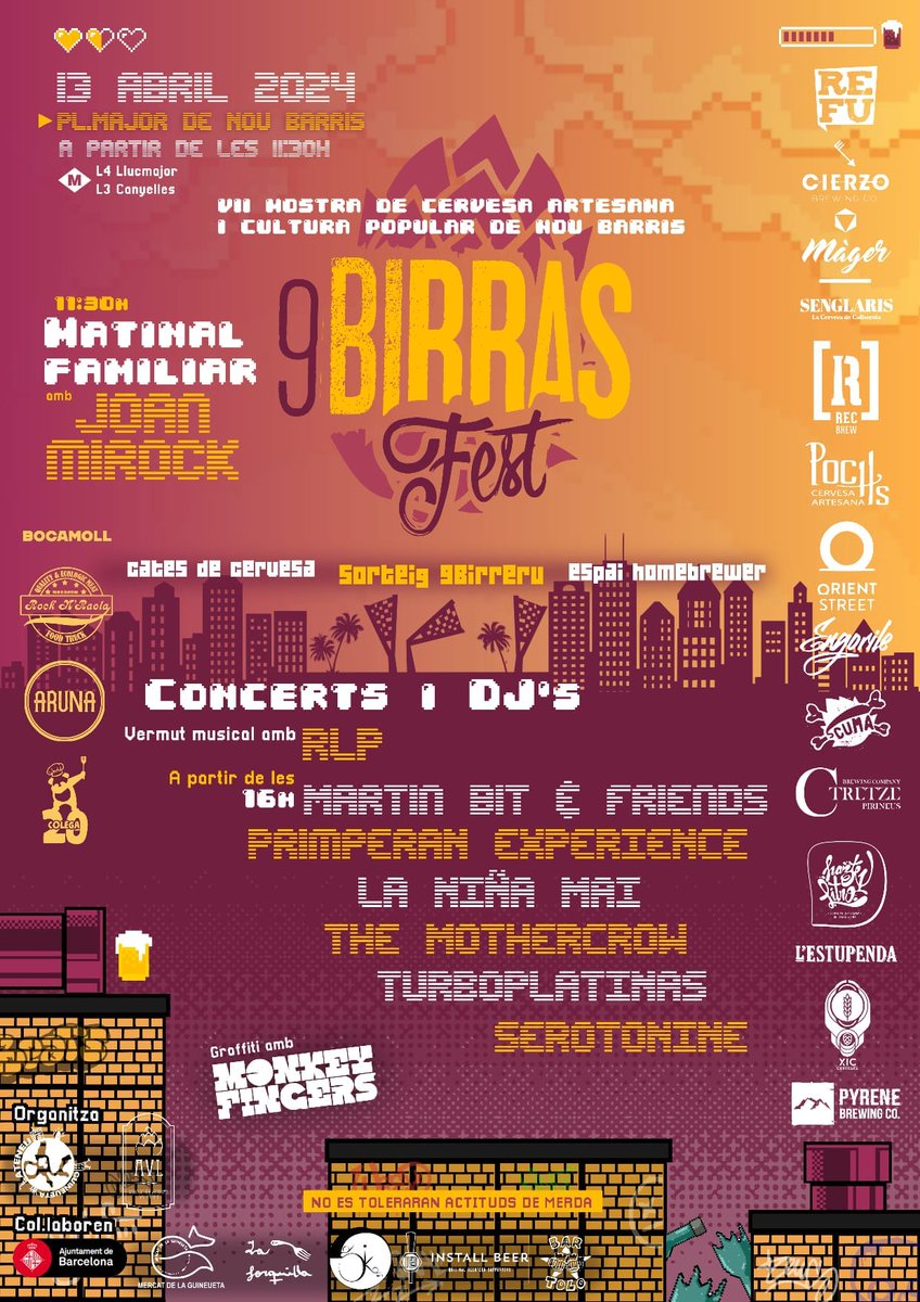 Al <a href="/9BirrasFest/">9BirrasFest</a> us hi esperen els millors elaboradors de 🍺cervesa artesana i 🌭food trucks, però també 🎸concerts, 🤡matinal familiar amb Joan Mirock,, exhibició de 🖼️graffiti, cates i més sorpreses!

📌Dissabte des de les 11.30 h, a la pl. Major de #NouBarris. No us ho perdeu!