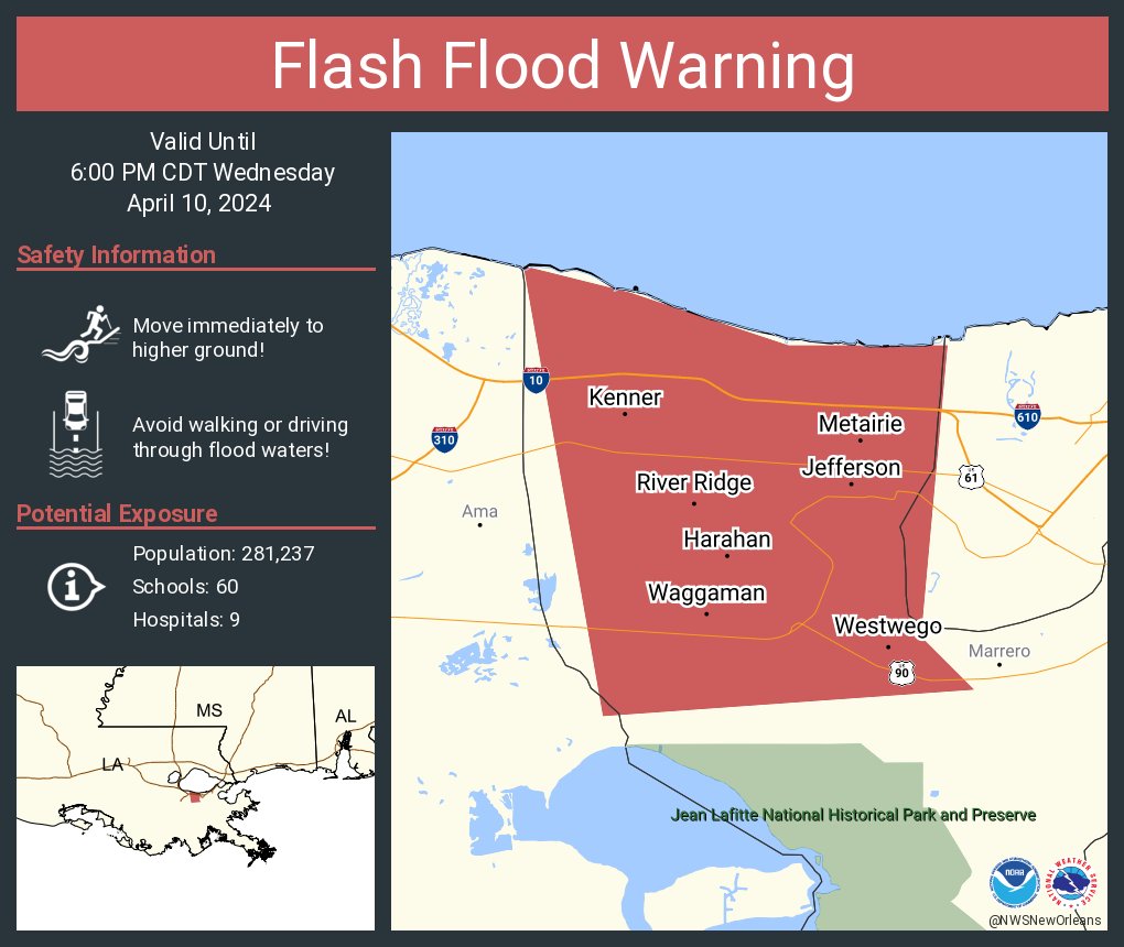 Flash Flood Warning including Metairie LA, Kenner LA and  River Ridge LA until 6:00 PM CDT