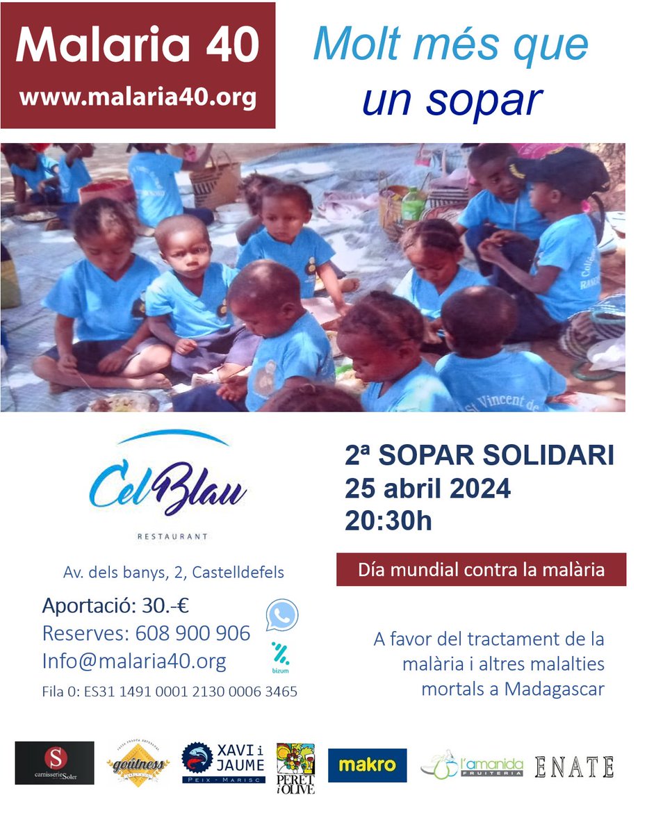 L'ONG @MALARIA40 organitza un sopar solidari a Castelldefels per ajudar els infants de Madagascar. Es farà el dijous 25 d'abril, dia Internacional de la Malaria, al restaurant CelBlau. Anar al sopar o fer un donatiu petit o gran. Tot ajuda a salvar vides i sembrar esperança.