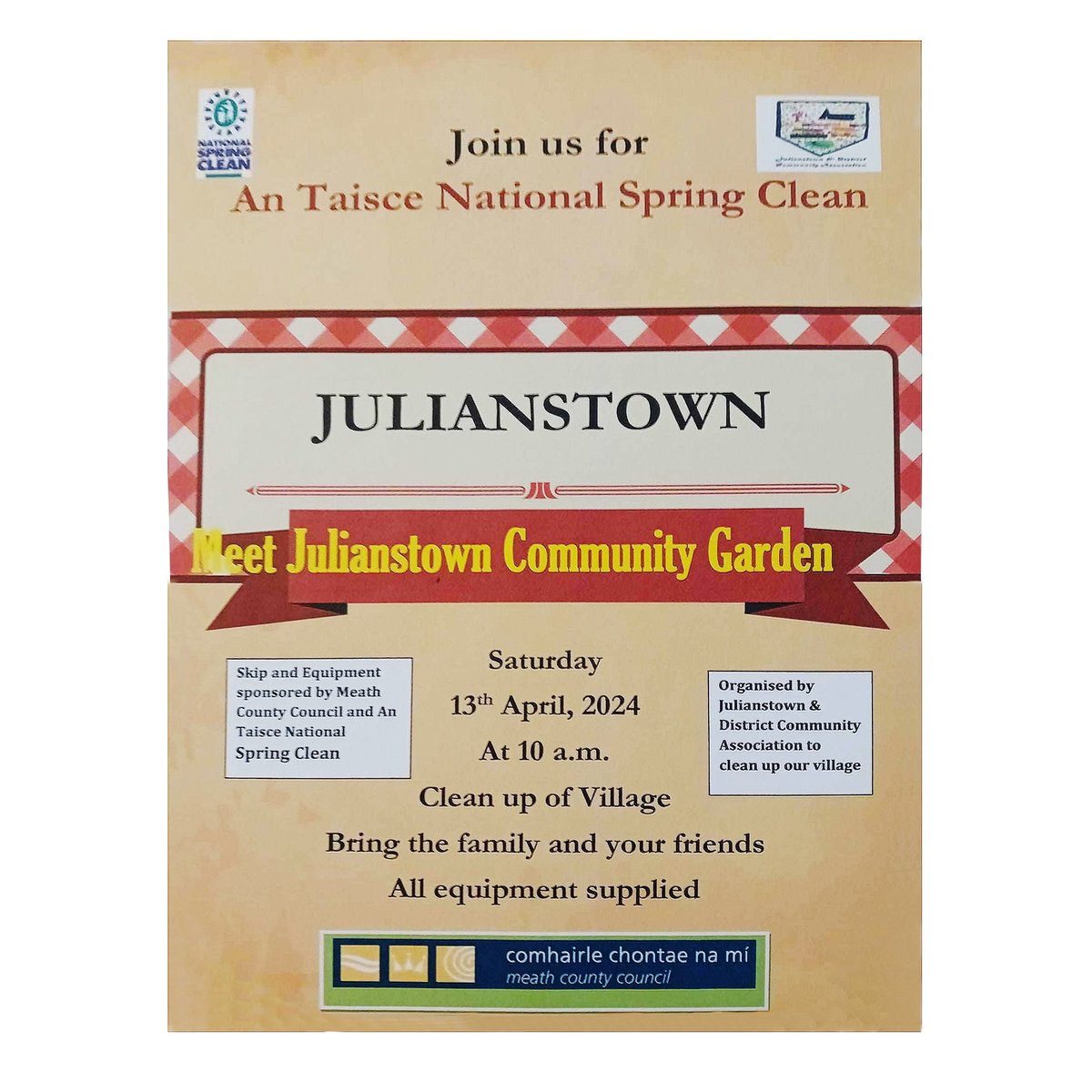 Julianstown & district community association have organised a national spring clean Join them Saturday 13th April, 2024 at 10am. Clean up our village. Bring the family and your friends. All equipment supplied.