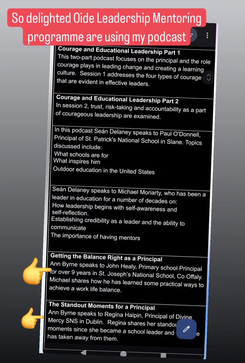 Honoured  <a href="/oide_Ireland/">Oide Schools' Support Service, Ireland</a> are using my podcasts as part of their leadership mentoring programme.  <a href="/ciaraconsult/">Dr. Ciara O'Donnell</a> <a href="/network_will/">WILL Network</a> <a href="/Leaders_SoE/">UL_ELLA</a>