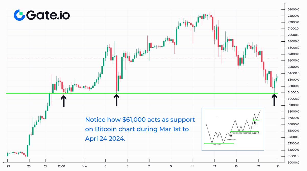 Gate's tweet image. #TradingBasics - Support Level Explained
📊The support level is where the price normally stops falling and bounces back up.
You will get a better understanding from the #Bitcoin chart example below👇
#TechnicalAnalysis