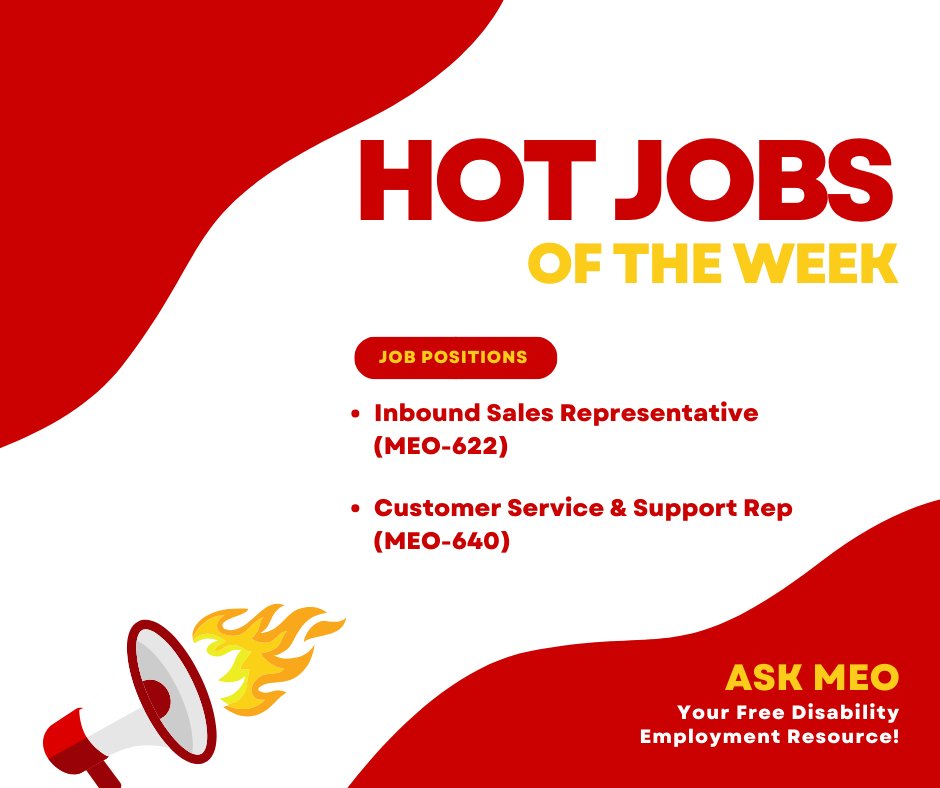 Check out this Week's Hottest At Home Jobs: bit.ly/meo-jobs0410

-Inbound Sales Representative (MEO-622)
-Customer Service and Support Representative (MEO-640)

#WorkAtHome #HotJobs #RemoteJobs #DisabilityResource #JobSeekers #DisabilityEmployment