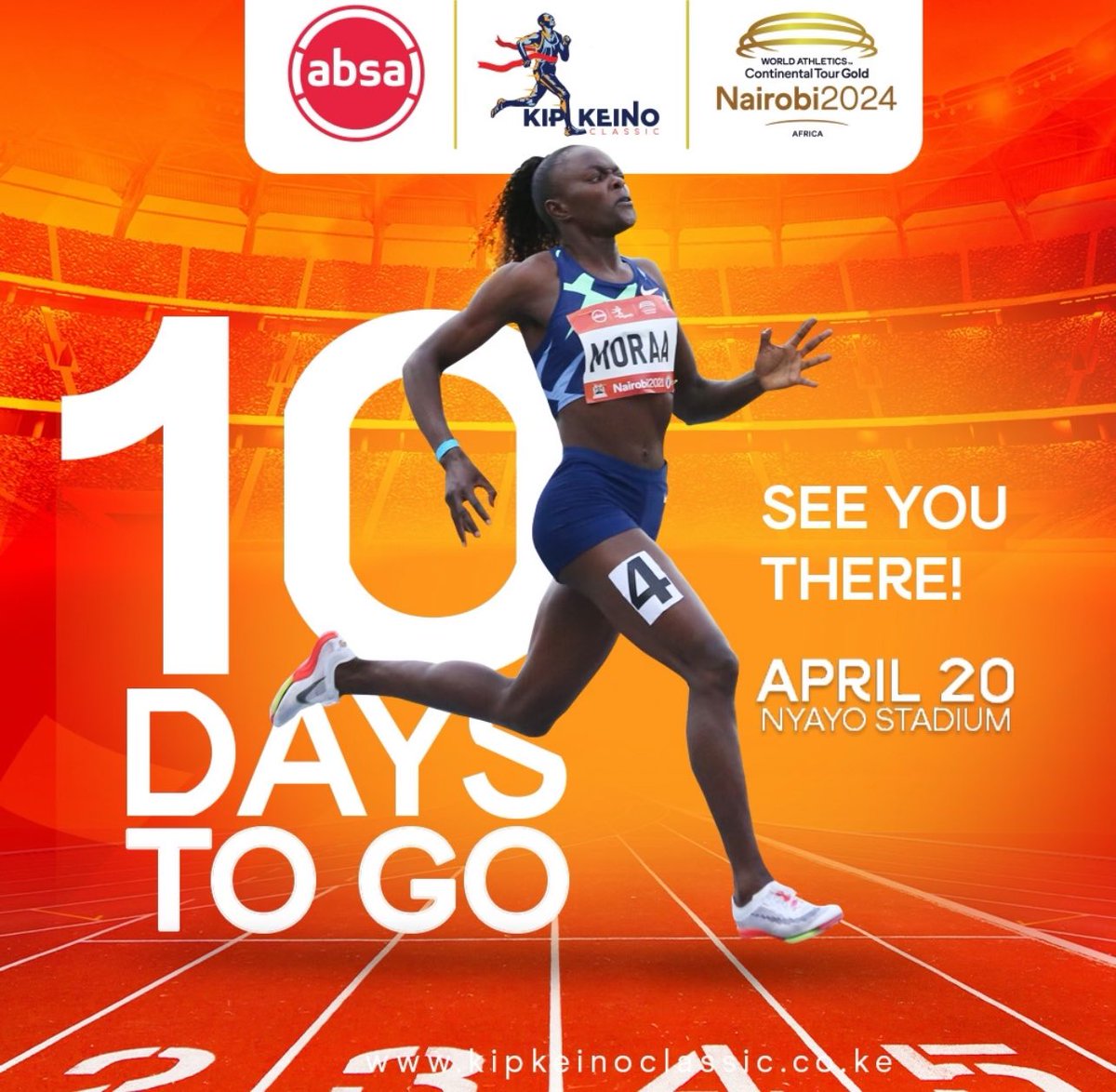 10 Days to the @KipKeinoClassic track and field meeting! @AbsaKenya will be announcing their sponsorship soon. The event will take place at Nyayo Stadium on April 20th. #AbsaKipkeinoClassic2024 #YourStoryMatters