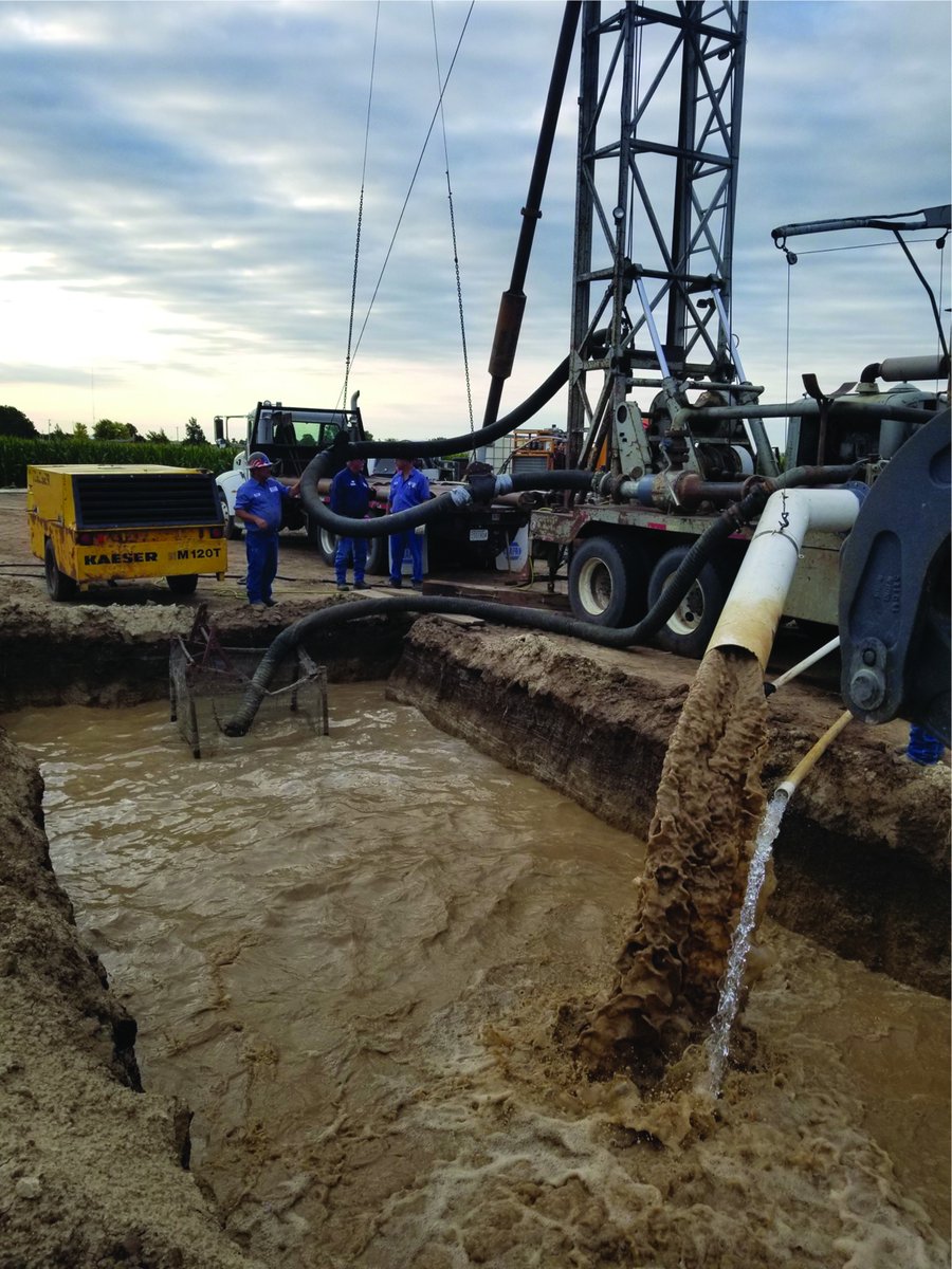 Crews from Aqua Pump LLC of Gove, Kansas, and Rosencrantz-Bemis Enterprises Inc. of Great Bend, Kansas, develop a well. 📸 courtesy of Ned Marks, PG, Terrane Resources Co. in Stafford, Kansas. This image is also the cover of @WaterWellJournl's April issue.