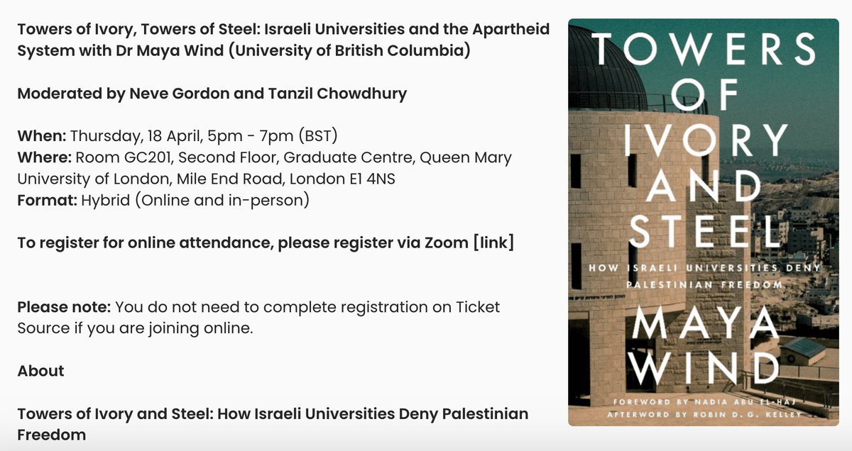 We are very proud to be co-hosting this event on @mayaywind's book 'Towers of Ivory and Steel'. A crucially important intervention to be discussing now. With @nevegordon and Tanzil Chowdhury. Next Thursday 18th April sign up here: ticketsource.co.uk/null/t-xmxappo