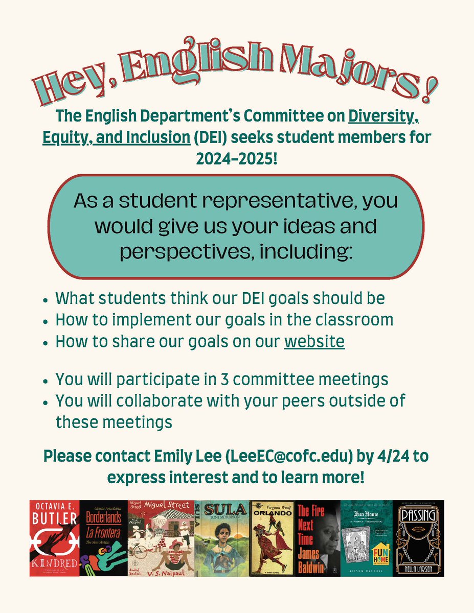 The English Department’s Committee on Diversity, Equity, and Inclusion (DEI) seeks student members for 2024-2025!