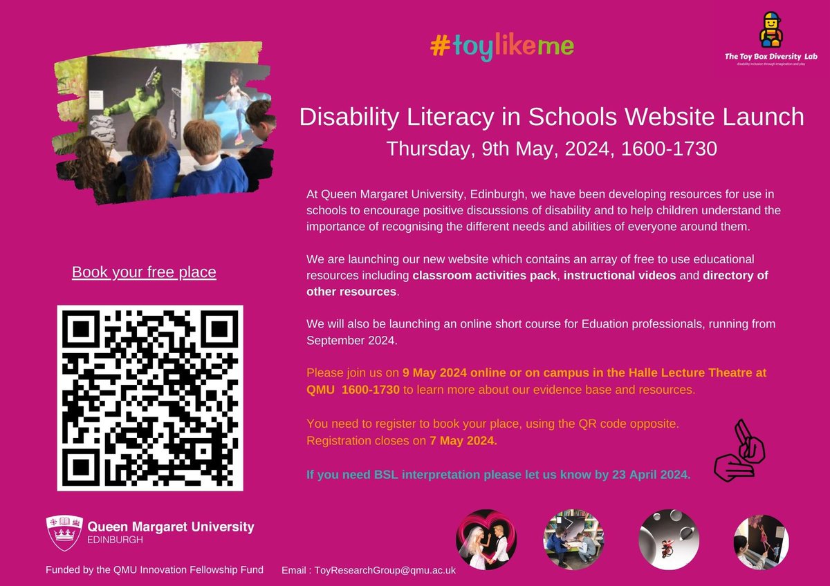 We are delighted to announce the launch event for our new website and online educational resources. These are designed for use in educational settings to encourage positive discussions of disability. Join us online or on campus @QMUniversity on 9th May tickettailor.com/events/queenma…