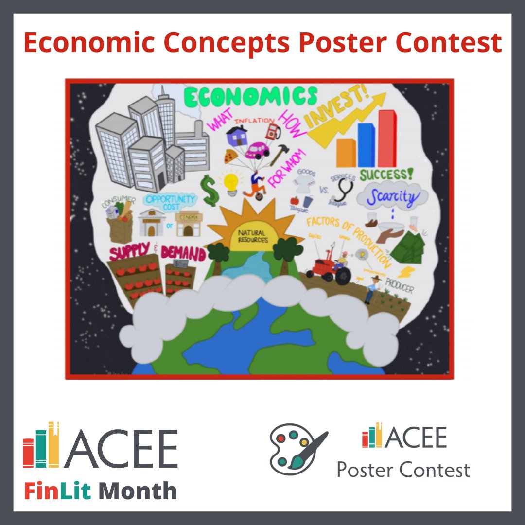 Spark creativity & learning with ACEE's Economic Concepts Poster Contest! K-12 students can showcase their understanding of economics, personal finance, & entrepreneurship through art. Dive into economic topics, create, & compete for cash prizes! #EconEd azecon.org/student-progra…