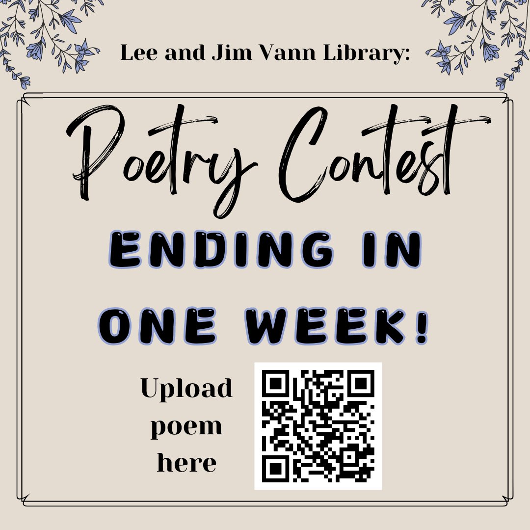 A reminder that there is ONE WEEK left to upload or turn in your poems to a staff member for the Lee and Jim Vann Library Poetry Contest! 
Contest ends Monday, April 15th! Winner will be announced Friday, April 19th. #vannlibrary #contest #poetry #nationalpoetrymonth @USFFW