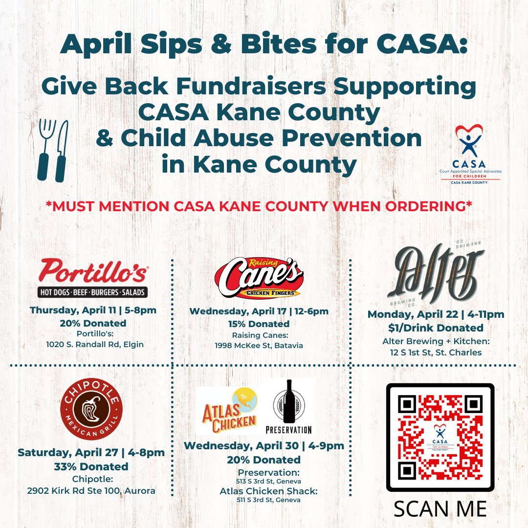 Feeling hungry? Want to lend your support to CASA this April? Look no further! There are still five chances to indulge and contribute to CASA Kane County through Give Back Fundraisers.
#CASAKaneCounty #ChildAbuseAwareness #KaneCounty #FoodFundriasers #SupportCASA