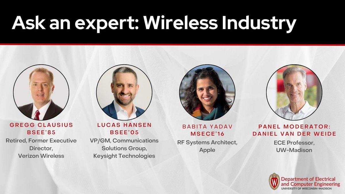 ECE is excited to host a very special alumni panel this week. Students will get the chance to hear the latest information about the Wireless Industry and learn about careers in that area from ECE alumni. April 11 @ Noon, 1610 Engineering Hall @UWMadison @UWMadEngr @WisAlumni