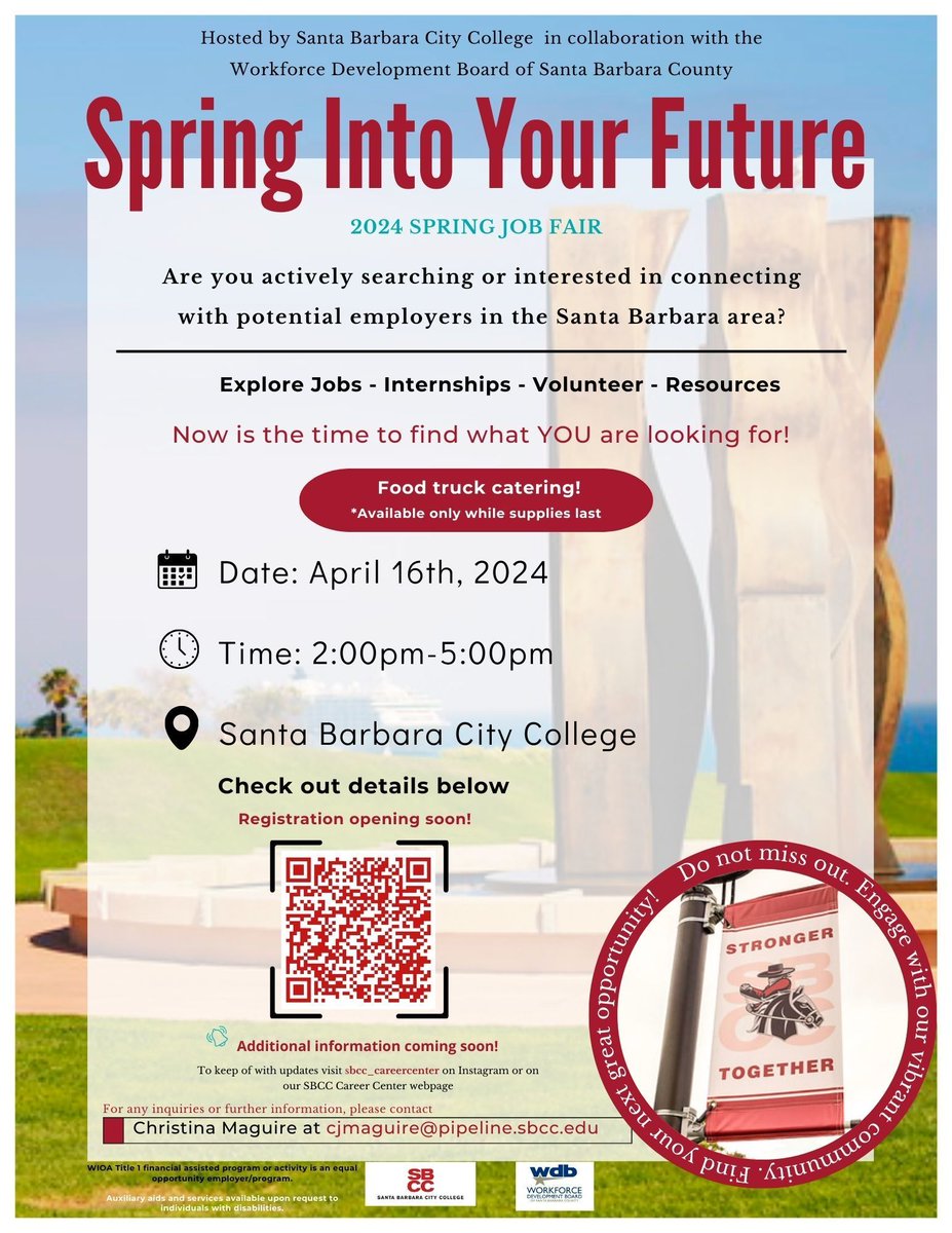 Are you actively searching or interested in connecting with potential employers in the Santa Barbara area? Join SBCC for a Job Fair on April 16 from 2-5 p.m. at SBCC's Cliff Campus!