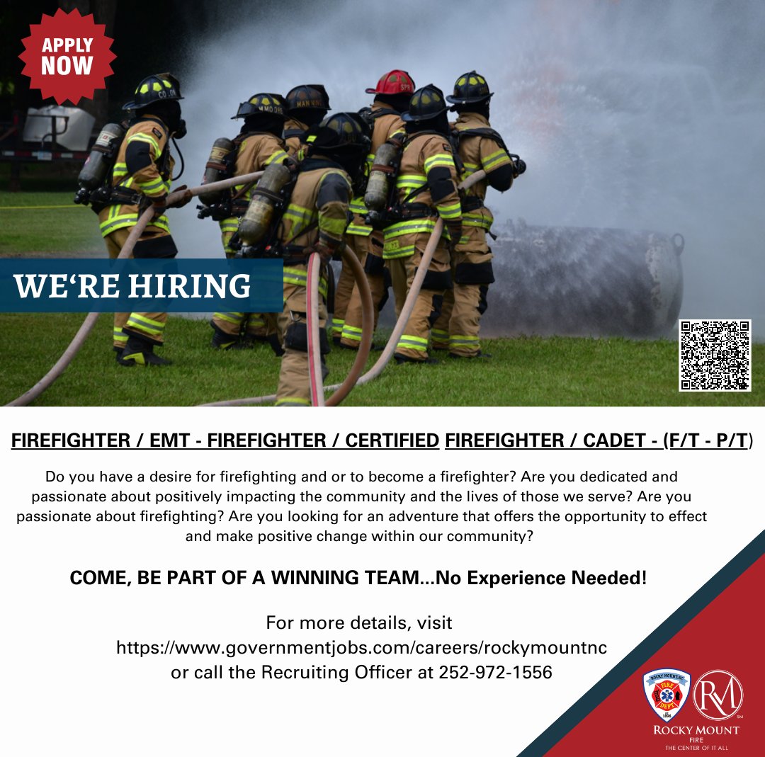 RMFD is currently hiring for Fire/EMT -- Certified Firefighter and Cadets.  No EXPERIENCE NEEDED!  Apply NOW at bit.ly/RMFD_FF.  If you have questions, please contact the Fire Training/Recruitment Officer at 252-972-1556.