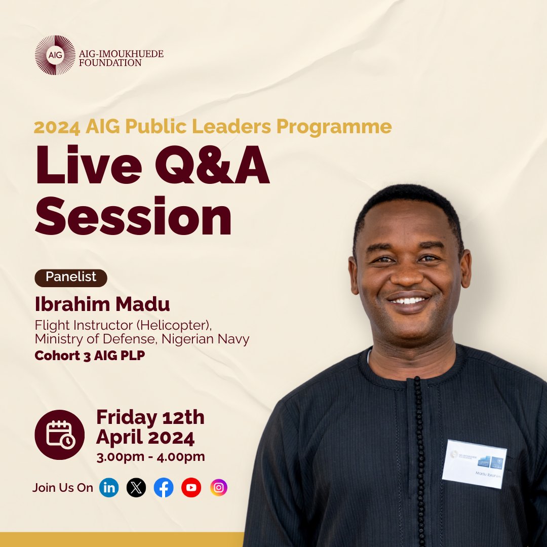 AigFoundation's tweet image. Save the date and join us for an enlightening discussion!
#AigPublicLeadersProgramme #LinkedInLiveQandA #AigImoukhuedeFoundation #ClosingtheGapbetweenAfricaandtheWorld