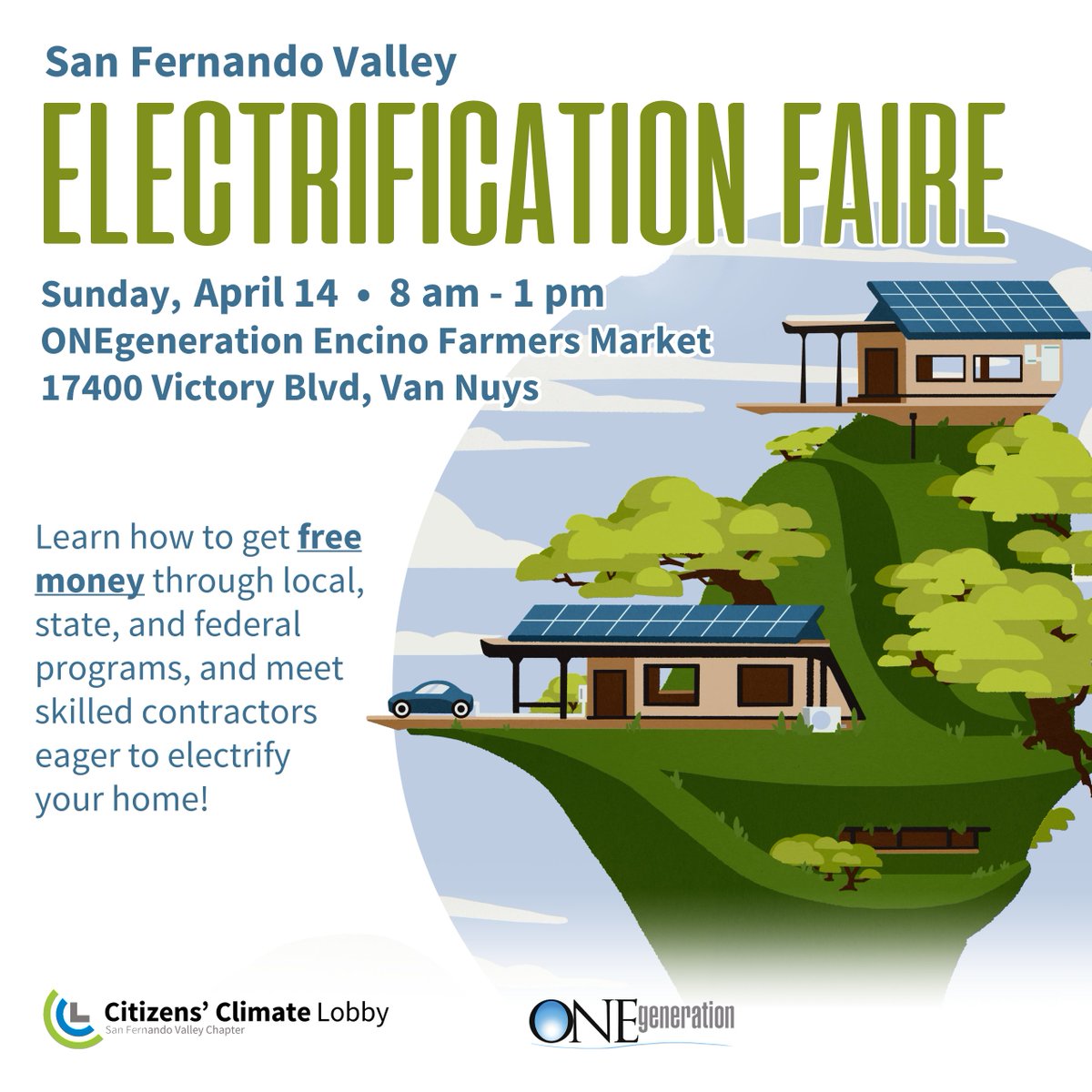 Join @ONEgenCares Sun, 4/14 8 am-1 pm for an Electrification Faire @ the Encino Farmer's Market! Learn how to electrify your home & save energy & money. Free to the public! To RSVP or for more info please email: jtorres@onegeneration.org or call 818-742-8622. @citizensclimate