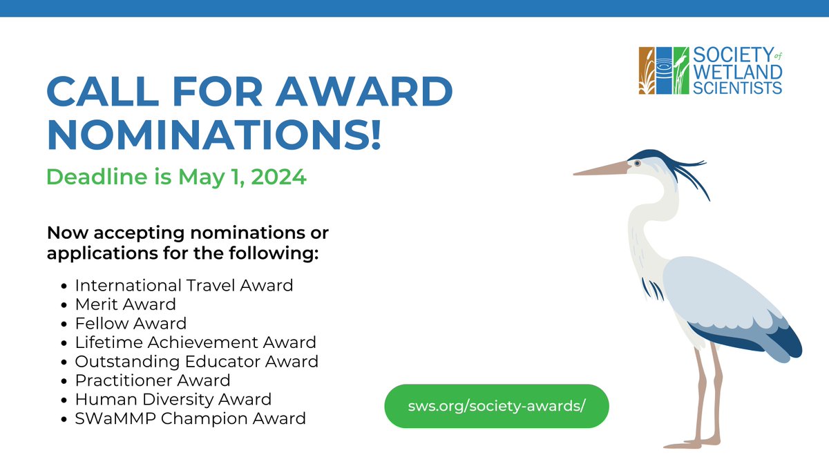 The clock's ticking on the 2024 SWS Award nominations! If you know an SWS member who has been making waves in wetland science and conservation, now’s your opportunity to spread some recognition. The deadline to submit nominations is May 1. Learn more: sws.org/society-awards/