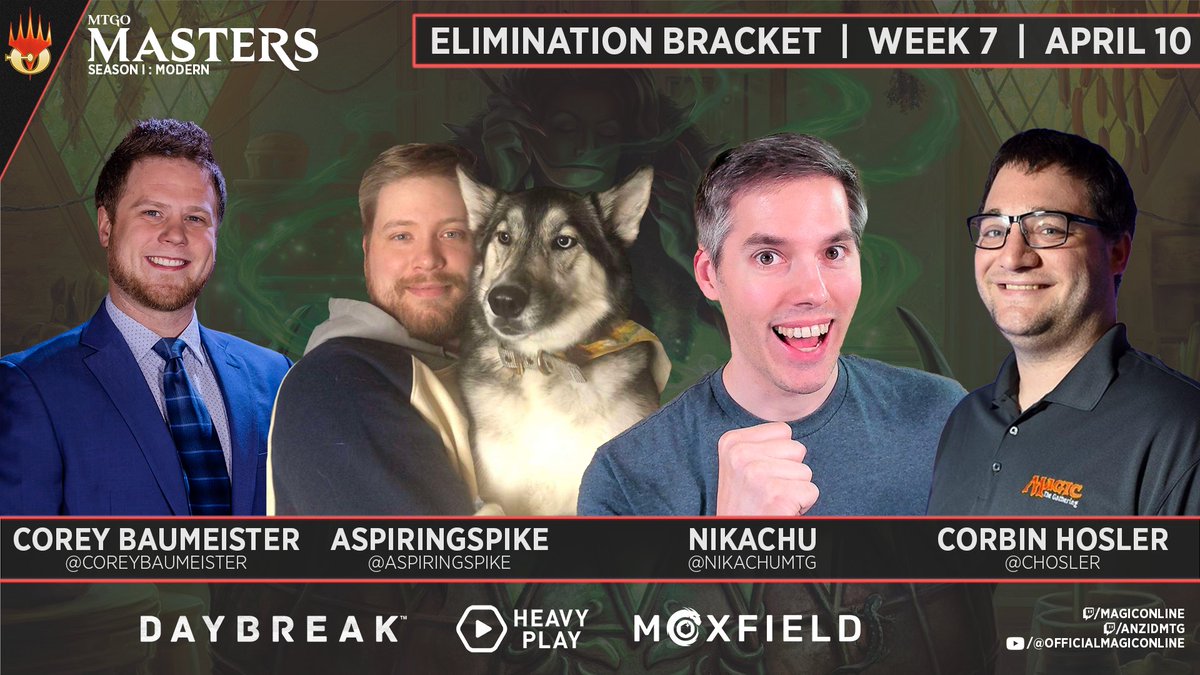 MagicOnline's tweet image. Only two will survive! #MTGOMasters live at:
twitch.tv/magiconline
twitch.tv/anzidmtg

🔸 Hosts
🔹 @TheWillHallExp
🔹 @anzidmtg

🔸 Pod 7
🔹 @nikachumtg
🔹 @chosler
🔹 @aspiringspike
🔹 @coreybaumeister

Sponsors: @HeavyPlayLLC @moxfieldmtg
Live on Youtube &amp;amp; Kick