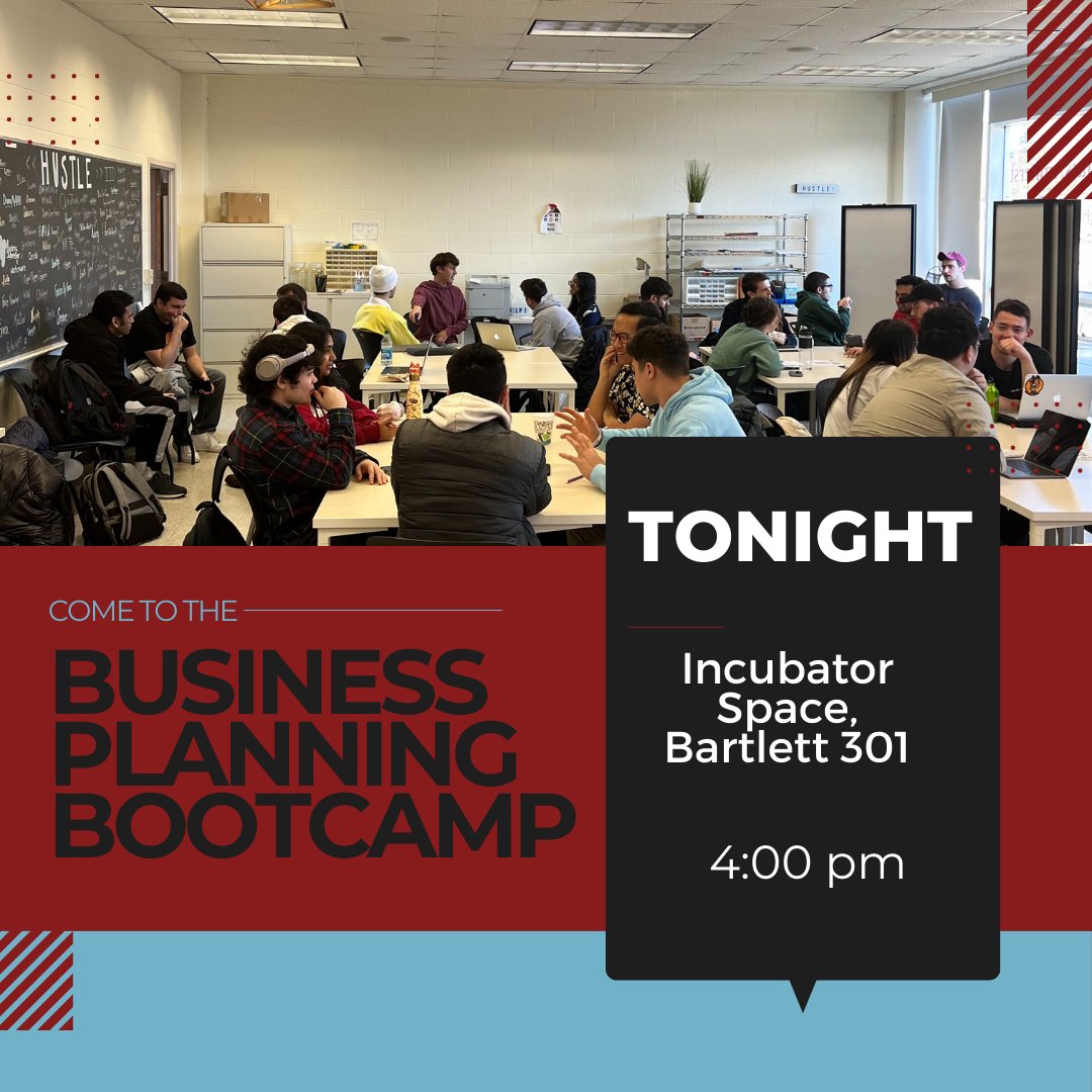 Join us tonight for a business planning bootcamp at the Berthiaumes Incubator space, Bartlett room 301!🙌 #innovation #entrepreneurship #UMass #business #bootcamp