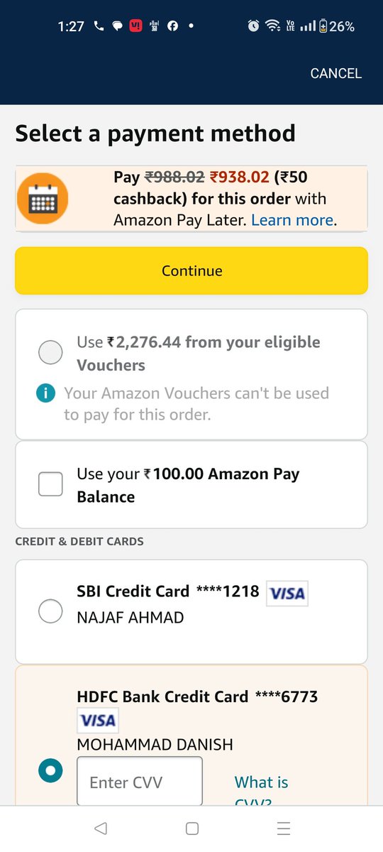 itsnajaf's tweet photo. @AmazonHelp @JeffBezos What do I need to send you via DM?  Because I already explained my concern here. I'm unable to make payment through my unused vouchers. Please find the screenshot below for your reference. https://t.co/HLdAYNFuZs
