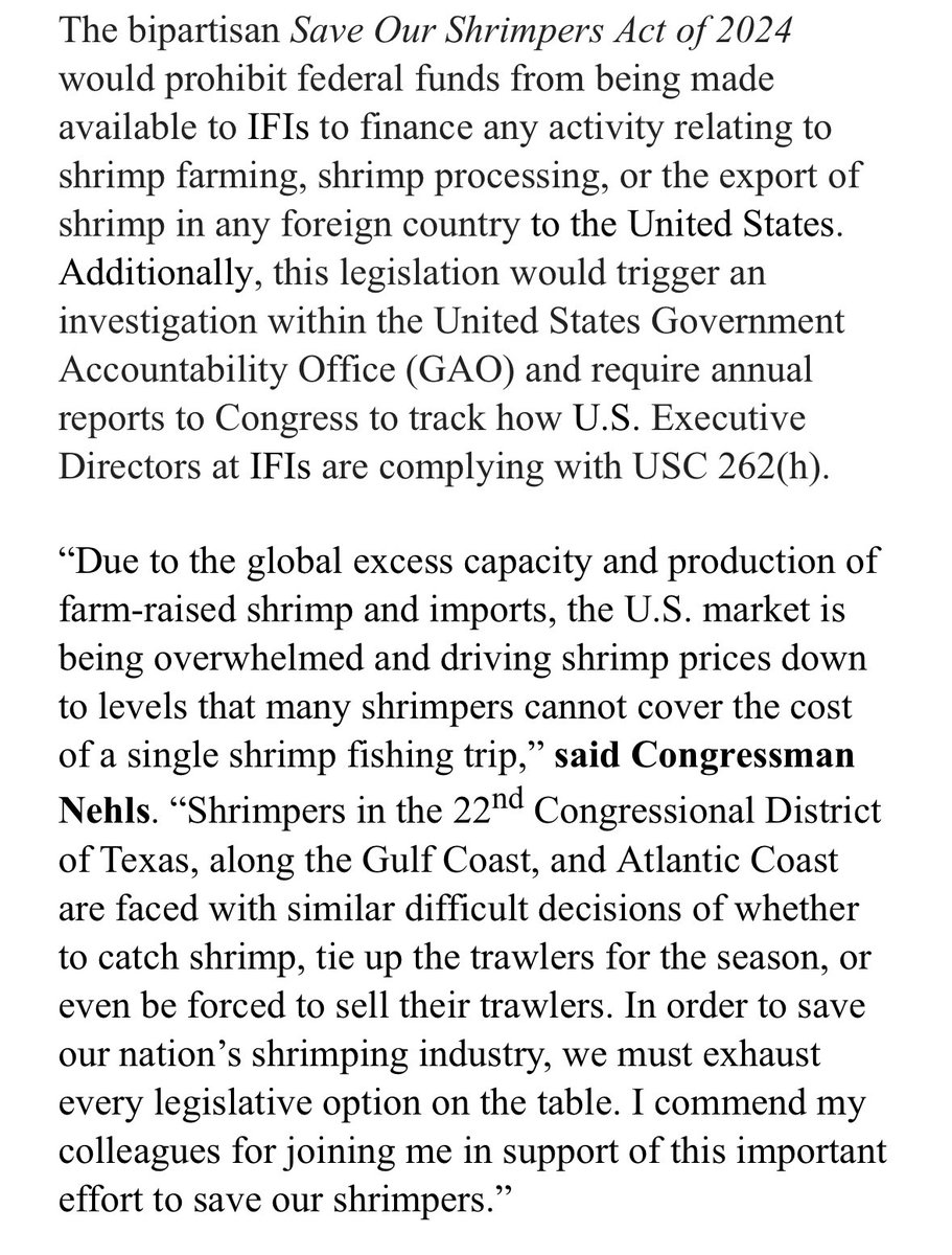 Inbox: ⁦@RepTroyNehls⁩ Leads Coastal Members in Introducing the Bipartisan Save Our Shrimpers Act of 2024 (Corrected previous! Was trying to tweet while on skis 😂)