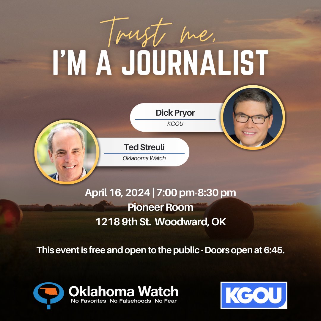 OK Journalism Hall of Fame members Dick Pryor (KGOU) and Ted Streuli (Oklahoma Watch) discuss the evolving role of journalism in America, where it started, where it is, where it’s headed and plenty of time to ask us anything! 7:00 to 8:30 PM in Woodward! ow.ly/KiXm50Rbpmu