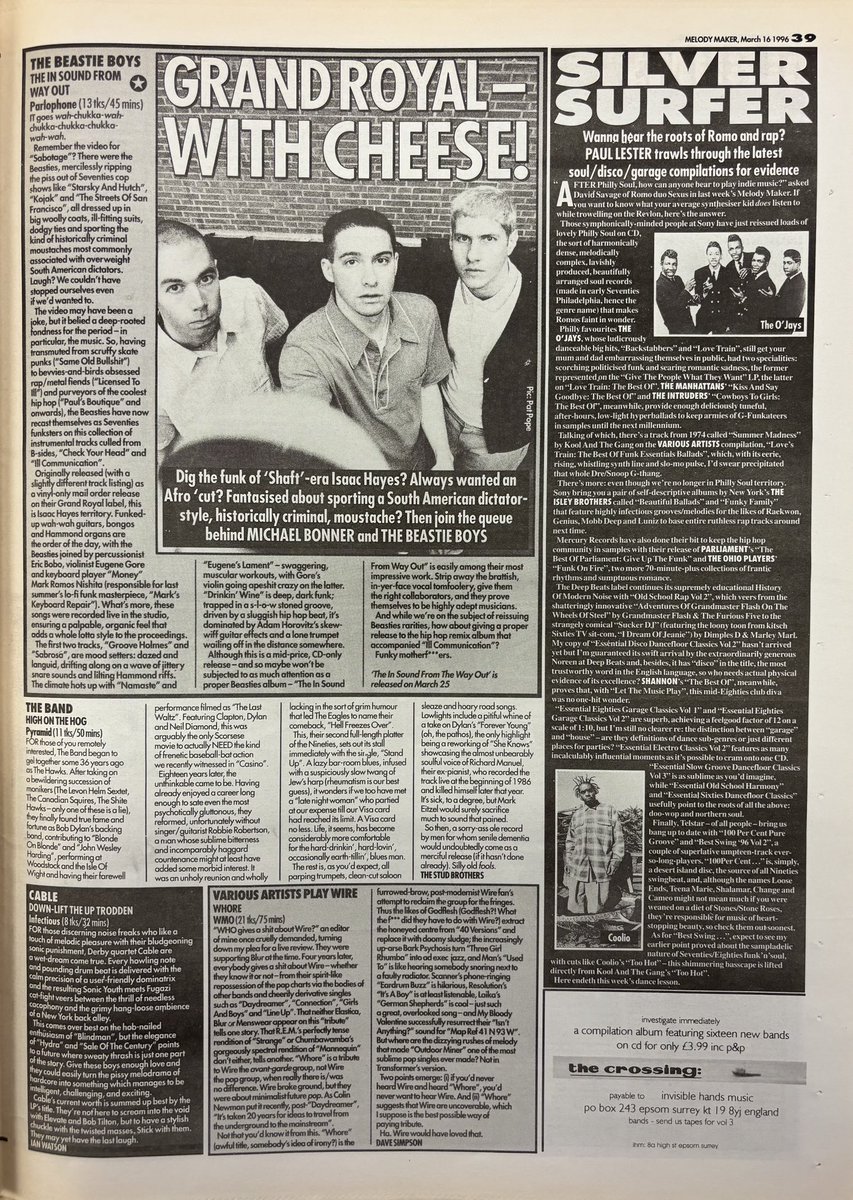 Albums! Beastie Boys! The Band! Cable! Wire tribute compilation! And more! Melody Maker, 16 March 1996. #MelodyMaker 
#MyLifeInTheUKMusicPress #1996