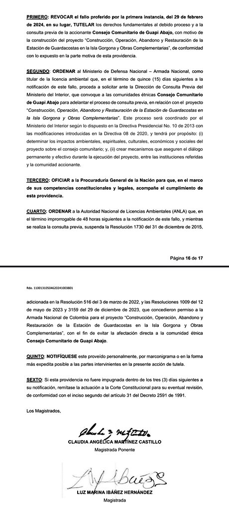 #URGENTE Tribunal Superior de Bogotá ORDENA al gobierno @petrogustavo SUSPENDER la LICENCIA del proyecto militar financiado por EE.UU. en nuestro PNN Gorgona por no haber realizado CONSULTA PREVIA a comunidades étnicas. Gracias al apoderado de las comunidades, @armandopalau2 ✊🏿