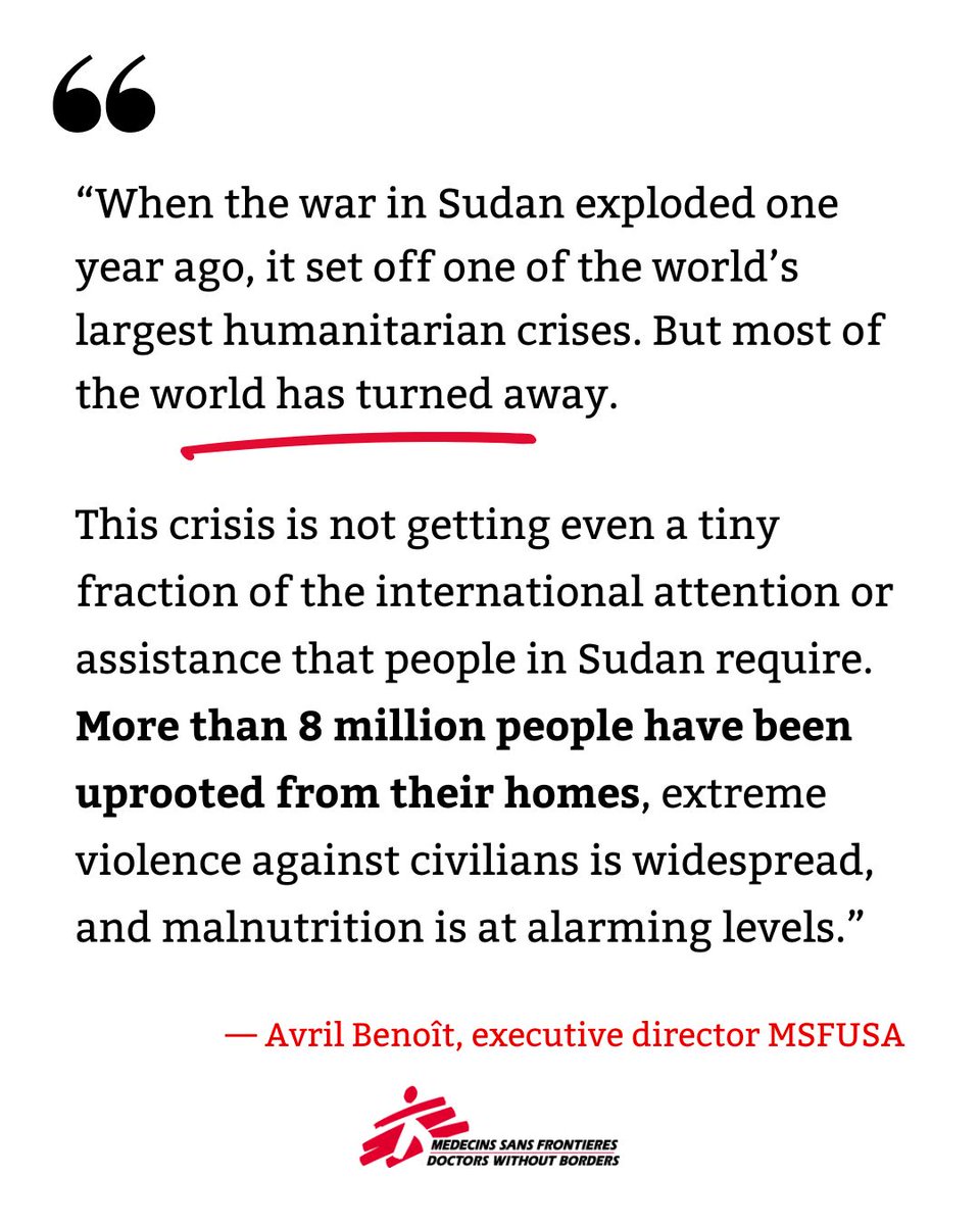 #TalkAboutSudan: 'It is past time for the int'l community to address this crisis head on.' @avrilbenoit visited our teams in eastern Chad & in Sudan's Darfur region. Her statement: Most of the world has turned away from the humanitarian crisis in Sudan doctorswithoutborders.org/latest/benoit-…