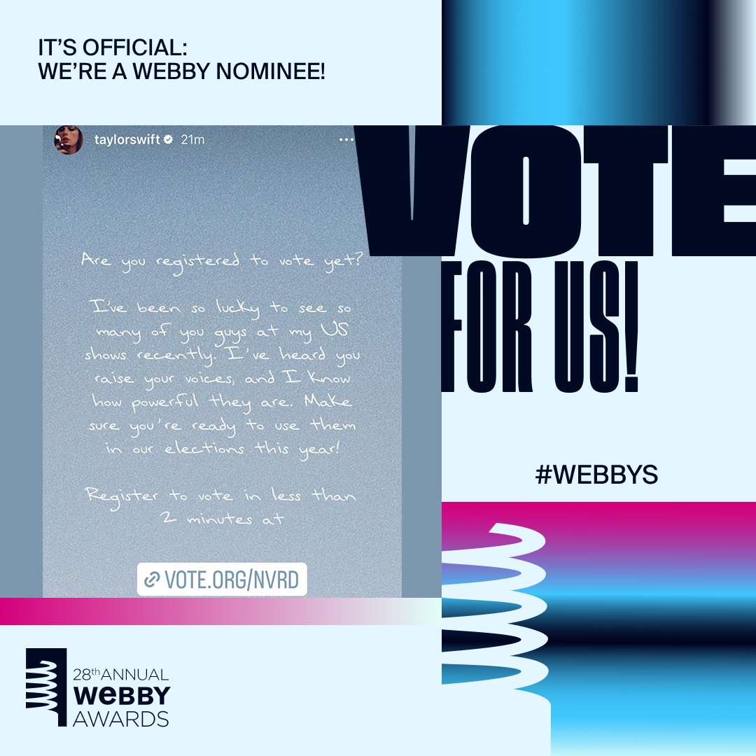 We're a nominee in @TheWebbyAwards for our collaboration with @taylorswift13 on National Voter Registration Day in 2023! We saw a 1226% jump in traffic on our site after Taylor posted about us on NVRD. That's some serious star power for democracy 🤩 Now we need your help!…