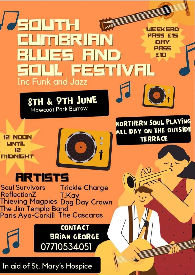 Get your diaries out! Get ready to dance away on 8th and 9th June at South Cumbrian Blues and Soul Festival! 🎶🕺 😄 Contact Brian George on 07710534051 for tickets and more information. Let's raise funds for St Marys Hospice while having a great time! 🙌❤️