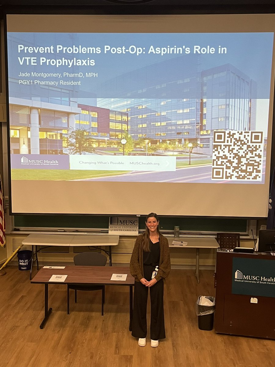 Thank you PGY1 Resident, Jade Montgomery, for your seminar presentation!! We enjoyed getting to learn more about aspirin's role in VTE prophylaxis for post-op ortho patients and how impactful pharmacists can be in their care!✨💊