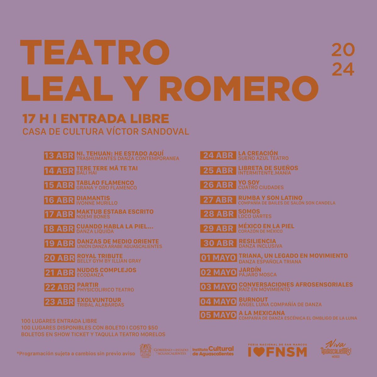 Esta es la programación que el Teatro Antonio Leal y Romero tiene para ti durante la FNSM2024. 🎭