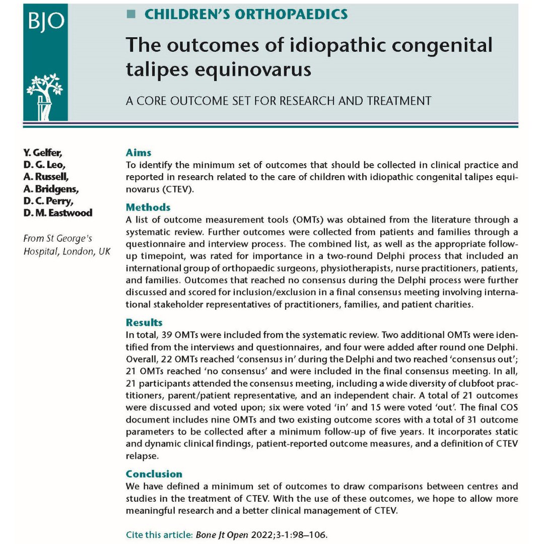 The aim of this study was to identify key outcomes of congenital talipes equinovarus management that could be used routinely in both research and clinical practice. #PedsOrtho #BJO @yaelgelfer @MrDanPerry @deboraheastwood ow.ly/FufV50R9ujw