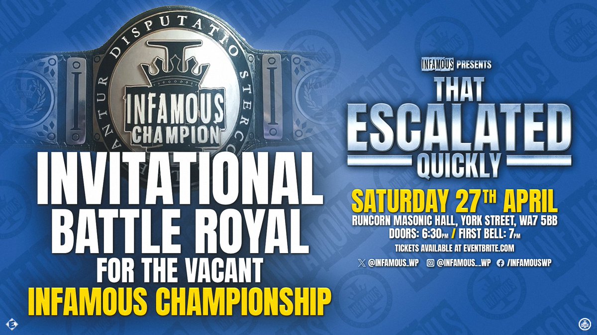 We have just received word from INFAMOUS owner DJ KING that on the 27th April we will hold an open invitational BATTLE ROYAL to crown a brand new INFAMOUS CHAMPION! Anyone who has ever wrestled for INFAMOUS is eligible to enter, who knows who might show up!! Get tickets now!!