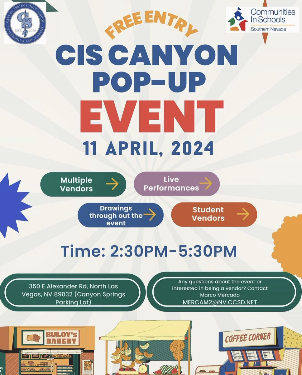 Here’s a fun way to support our CIS Academy students at @OneCanyonNLV. Stop by the school Thurs. for a pop-up event with vendors, entertainment & more. All funds raised will help send academy students on an out-of-state college tour & visit to Knott’s Berry Farm! #AllinforKids