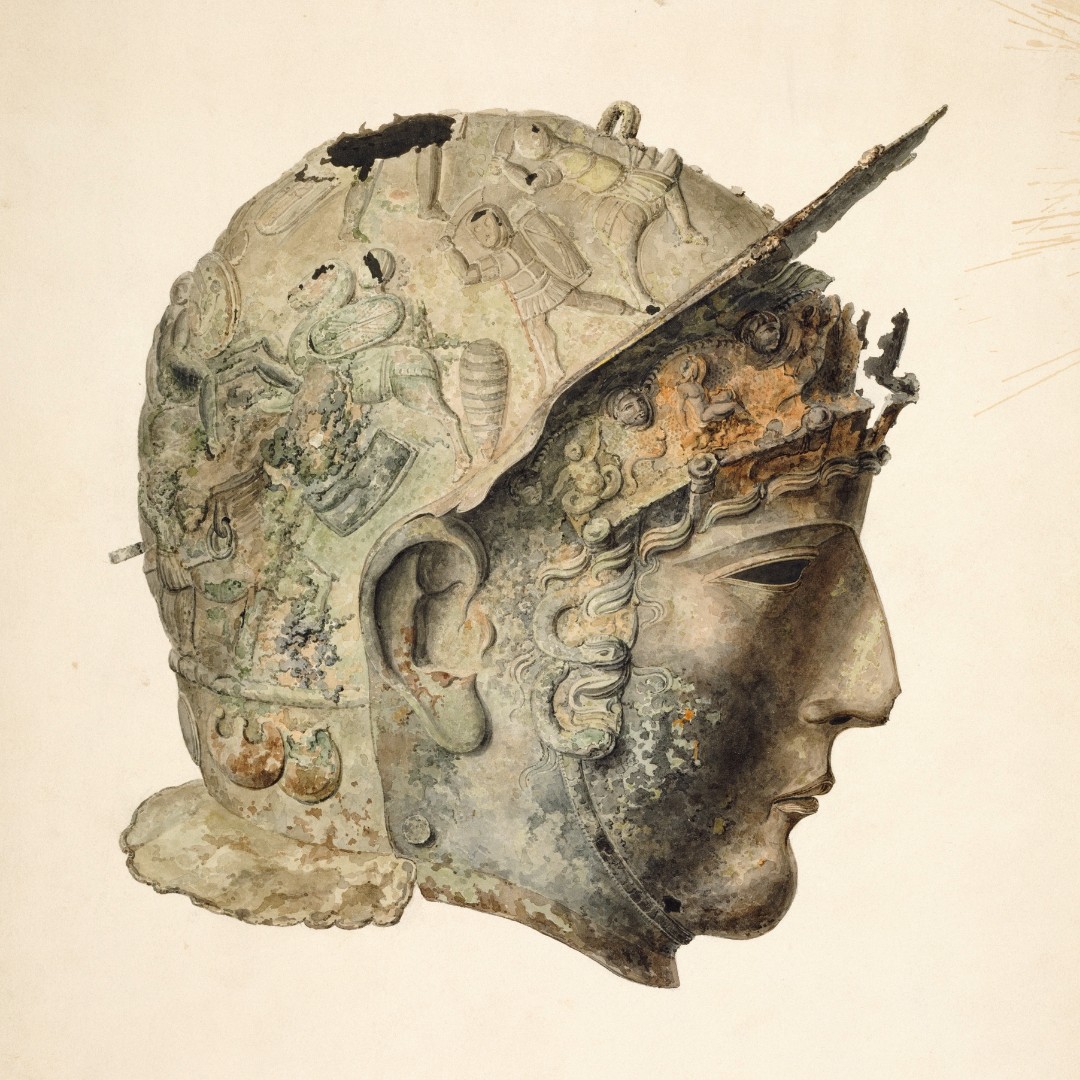 This drawing is one of the finest examples of a cavalry parade helmet from Roman Britain. It was discovered accidentally in 1796 by the son of a clog-maker playing in wasteland in Lancashire. The helmet & much of the hoard found with it was purchased by C. Townley FSA in 1797.