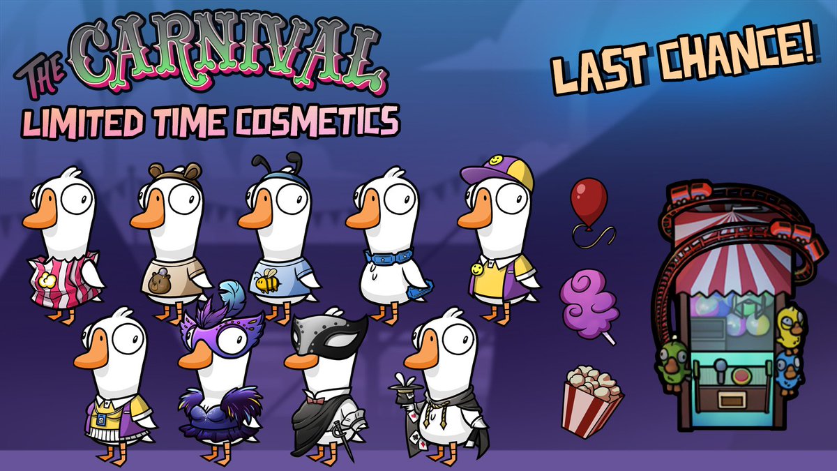 🍿 This act is about to leave The Carnival! 🎪 📢 Last chance to get these cosmetics from The Carnival Limited Time Claw Machine Event! Token Packs are available in the Goose Shop! Event Ends: April 12, 2024 8:00PM EDT #goosegooseduck #gagglestudios #ggd #ggdcarnival #freetoplay
