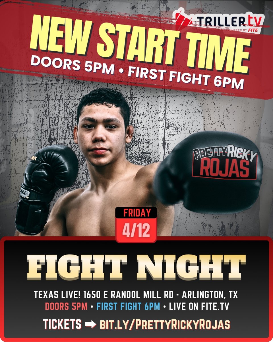 RickyRojasMMA's tweet photo. Big News! New start time: Doors open @ 5PM - First fight @ 6PM

@XTREMEKNOCKOUT Fight Night 65 
Friday 4/12 on @FiteTV 

Get tickets --> https://t.co/6t6p5TzUDS

Come early. Don't miss it. https://t.co/mqTliMeQrd