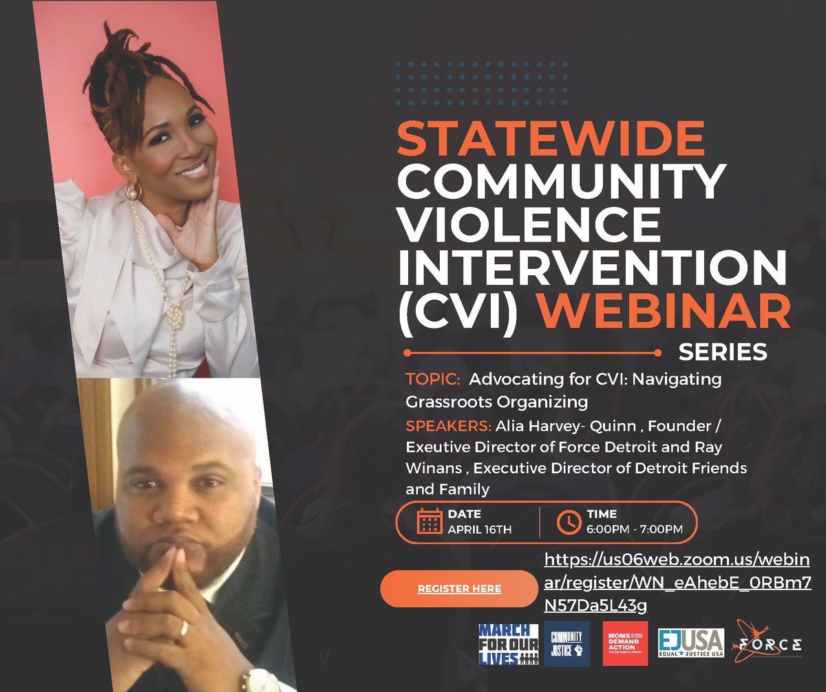 Join us for the Statewide Community Violence Intervention (CVI) Webinar Series on April 16th, 6pm - 7pm. This month, we're discussing Advocating for CVI: Navigating Grassroots Organizing with speakers Alia Harvey-Quinn and Ray Winans. Register here: us06web.zoom.us/webinar/regist…