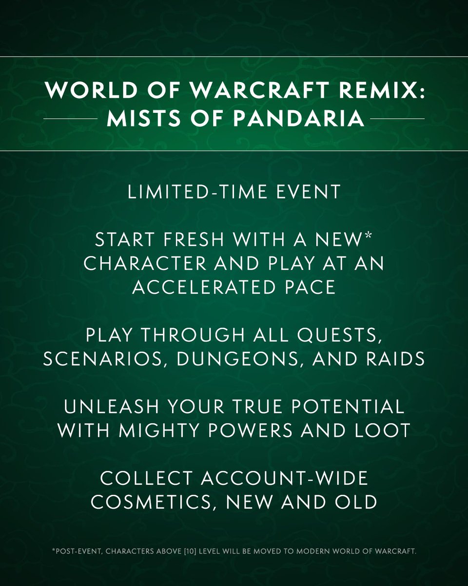 Patch 10.2.7 and WoW Remix: Mists of Pandaria is now on the PTR! Learn more: blizz.ly/4aKTK72