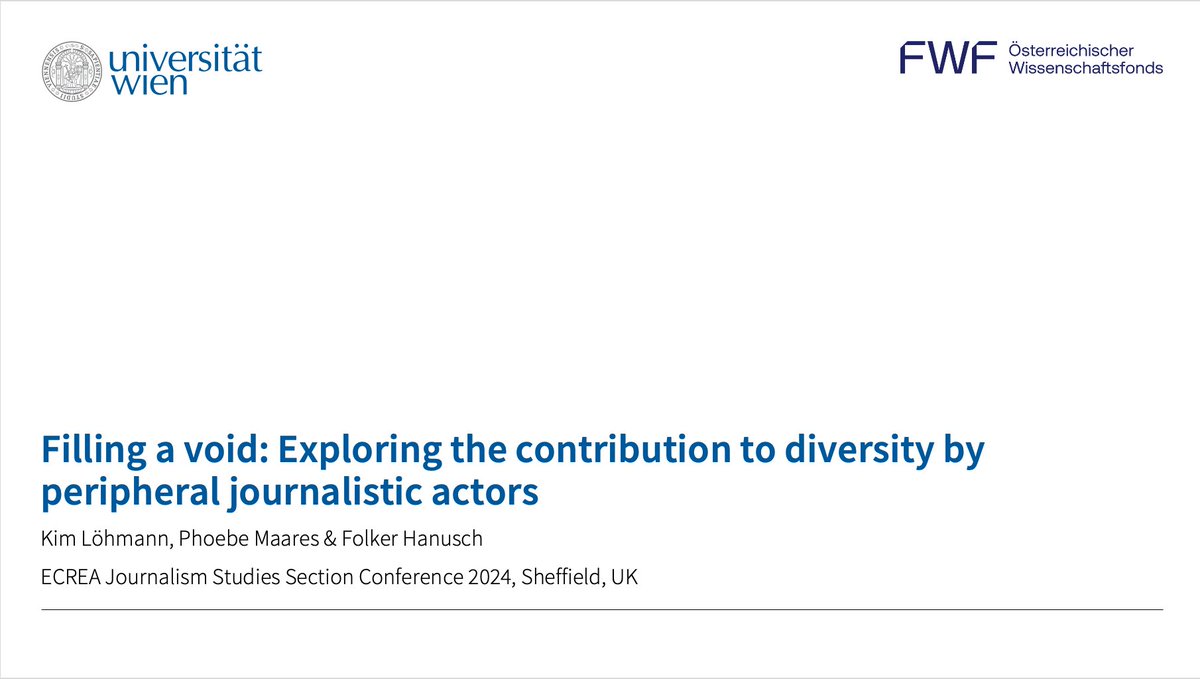At 12:15pm in lecture theatre 4 (panel 5), @kimloehmann will present research from her thesis project on the contribution to diversity by peripheral journalistic actors, with @PhoebeMaares and @fhanusch. #ecreajss24