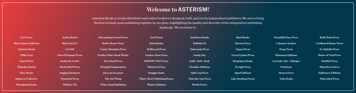 Just look at this (growing, by the hour) roster of small presses!