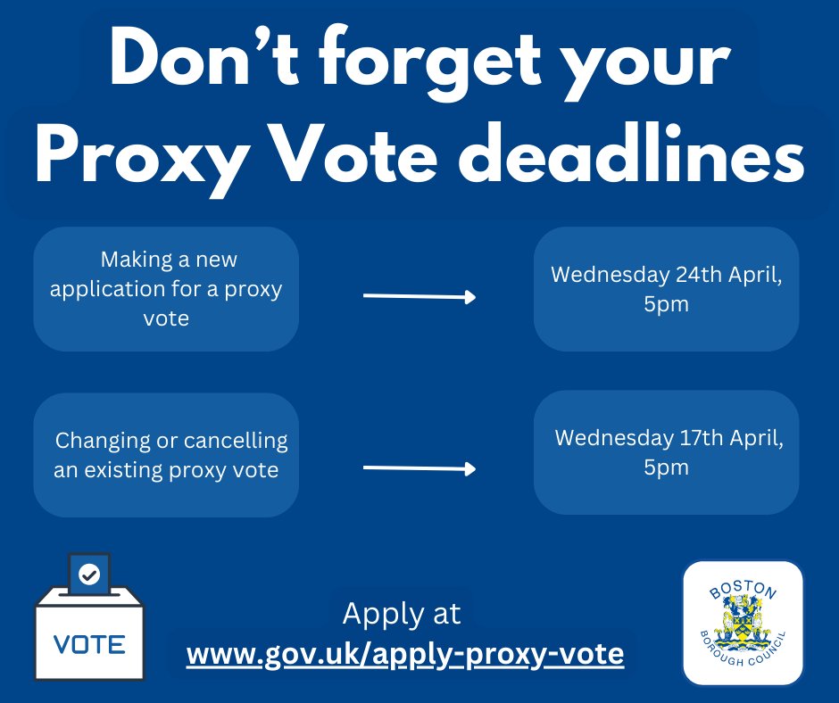 You can register to vote by proxy for the election of the Police and Crime Commissioner for Lincolnshire, taking place on 2 May. The deadline to register to vote by proxy is 5pm, Wednesday 24 April Find out more here: loom.ly/fgGA9Zc
