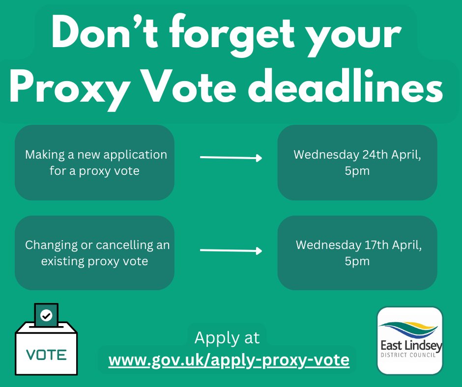 You can register to vote by proxy for the election of the Police and Crime Commissioner for Lincolnshire, taking place on 2 May. The deadline to register to vote by proxy is 5pm, Wednesday 24 April Find out more here: loom.ly/dYxA0nc