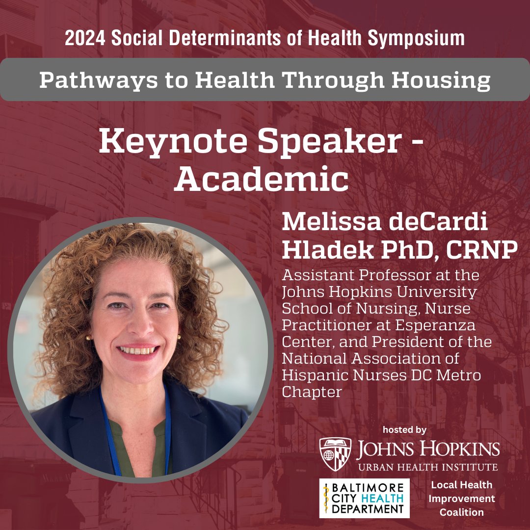 Dr. @melissa_hladek, Assistant Professor at @JHUNursing, Nurse Practitioner at Esperanza Center, and the President of the @NAHN_DC Metro Chapter will be joining us as a Keynote speaker for the 2024 #SocialDeterminantsofHealth symposium! 🎉🏠

#SDOH2024 #Baltimore #BCHD