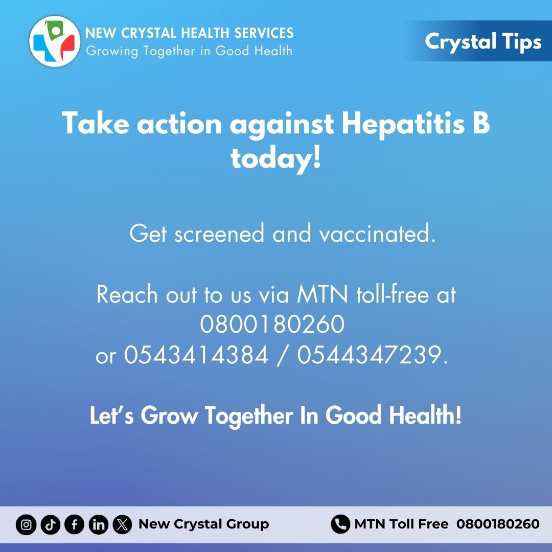 Hepatitis B can be life-threatening! 
Don't delay until it's too late.

Symptoms include:
- Yellowing of the eyes
- Abdominal pain
- Extreme fatigue, and more.

Get screened and vaccinated today! 
Call us at 0800180260.

#Hepatitis #newcrystalhospital #goodhealth