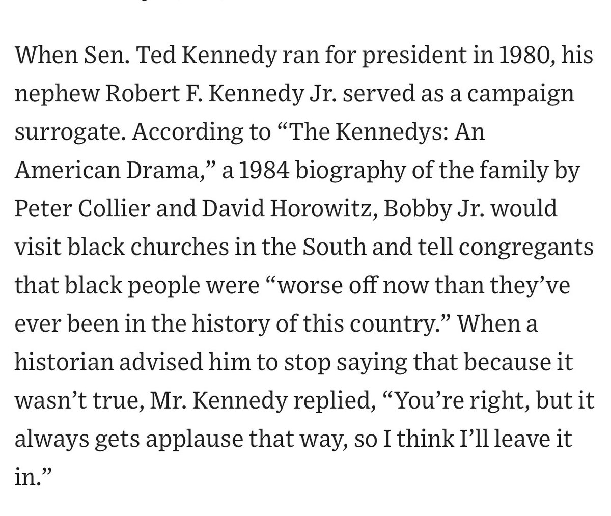via @jasonrileywsj During Ted’s 1980 campaign, RFK Jr. “would visit black churches in the South and tell congregants that black people were ‘worse off now than they’ve ever been in the history of this country.’” wsj.com/articles/trump…