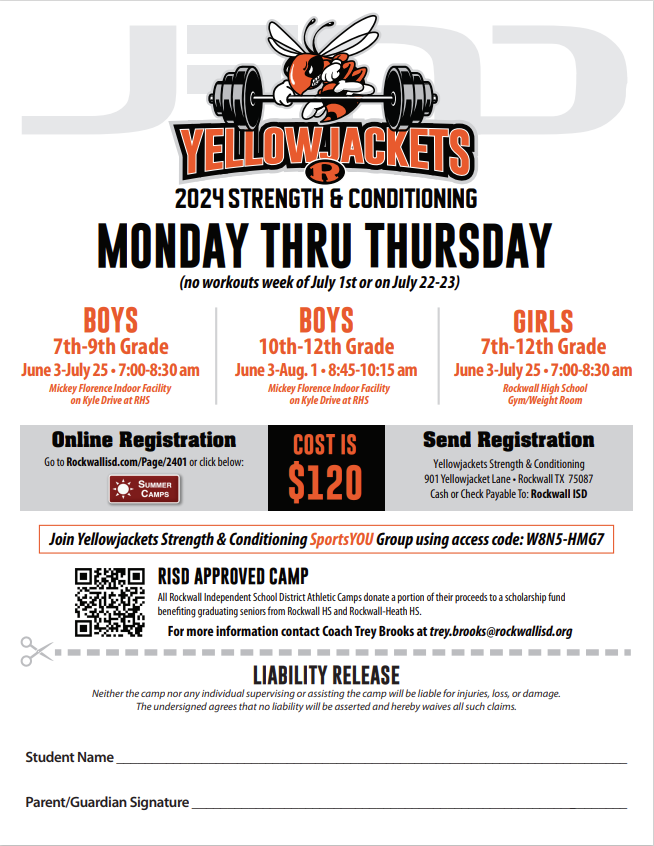 Summer is coming!!! Yellowjacket Strength and Conditioning Sessions for ALL athletes Incoming 7th-12th Boys and Girls Online payment and registration is live at... rockwallisd.com/Page/2401