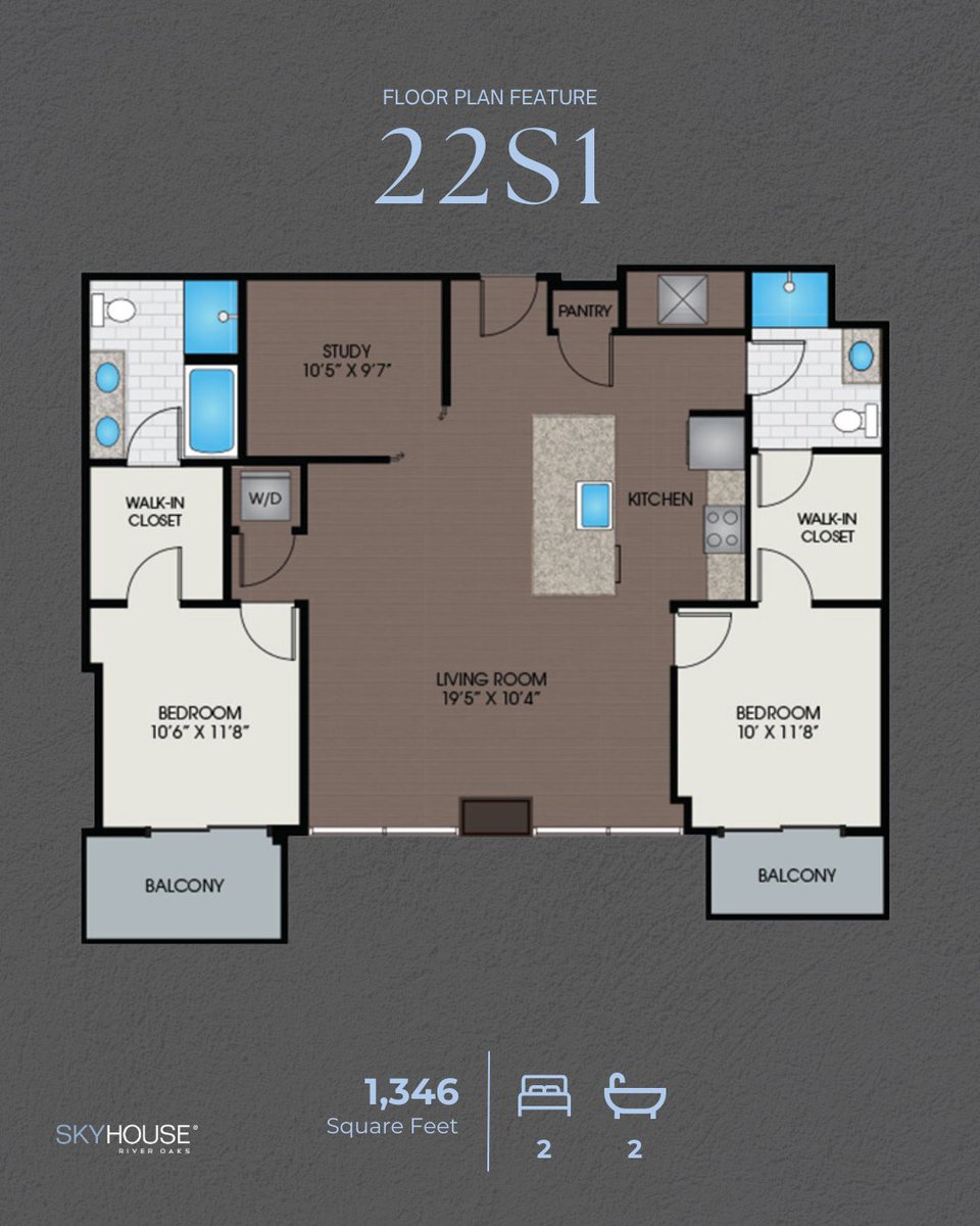 Introducing our 22S1 floor plan, offering a generous living space of 1,346 square feet🔑 Experience the ultimate source of luxury living with our open kitchen layout with a kitchen island, balconies, and in-unit laundry.

#HoustonApartments #skyhouseriveroaks #floorplanfeature